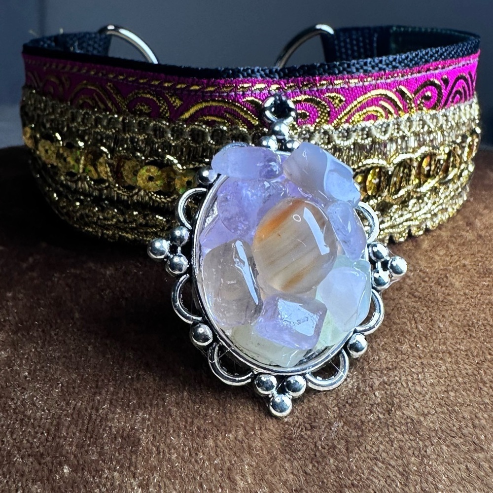 Artisan Boho Choker Necklace Gold Metallic + Handmade Quartz Pendant OOAK Signed